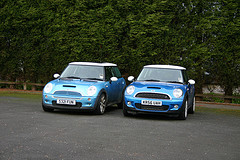 Front view of first and second generation Mini Cooper in blue by themullett on Flickr