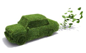 Eco friendly green car with grass surface and harmless exhaust emissions