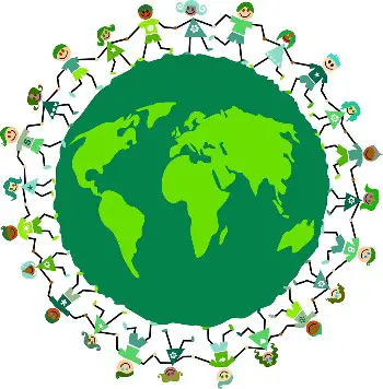 View of the earth with eco friendly citizens joining hands worldwide