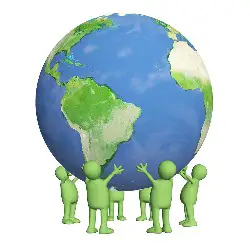 Eco friendly green citizens holding the earth globe up together
