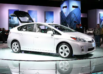 Side and front view of a Toyota Prius at the auto show