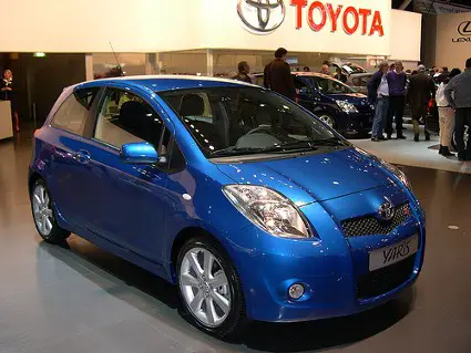 Blue Toyota Yaris on display at the auto show